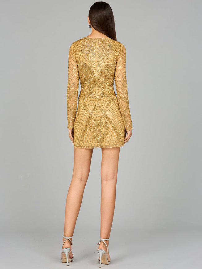 Long Sleeve Beaded Cocktail Dress