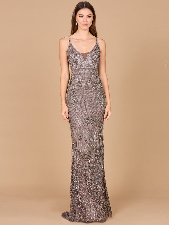 Lara New York 29107 Sleeveless V-Neck Beaded Dress Grey