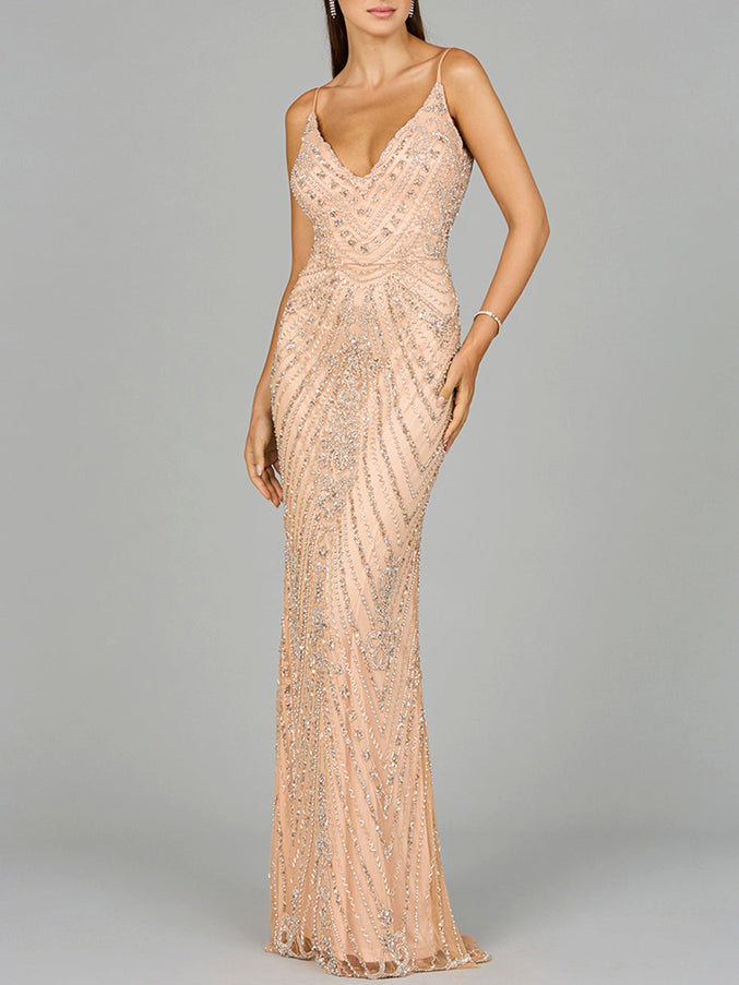 Spaghetti Strap Beaded Dress Blush Silver