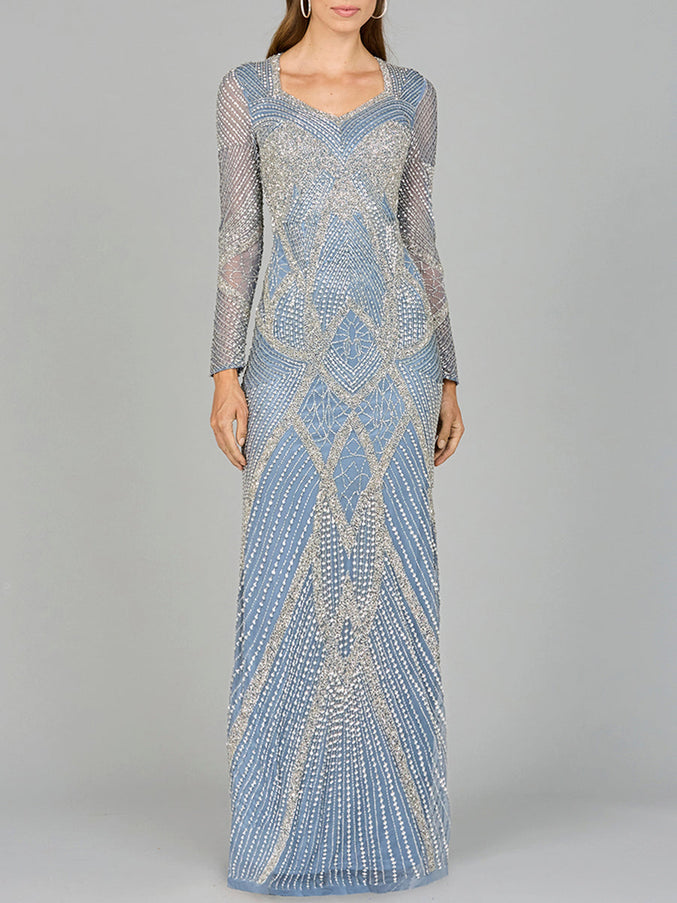 Lara New York 29112 V Neck Beaded Long Sleeve Dress Ink Blue