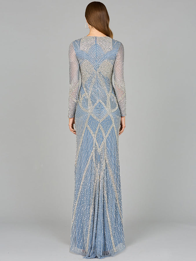 Lara New York 29112 V Neck Beaded Long Sleeve Dress