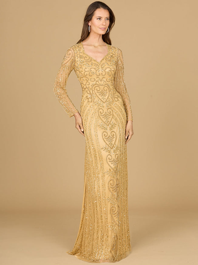 V Neck Beaded Long Sleeve Dress Gold