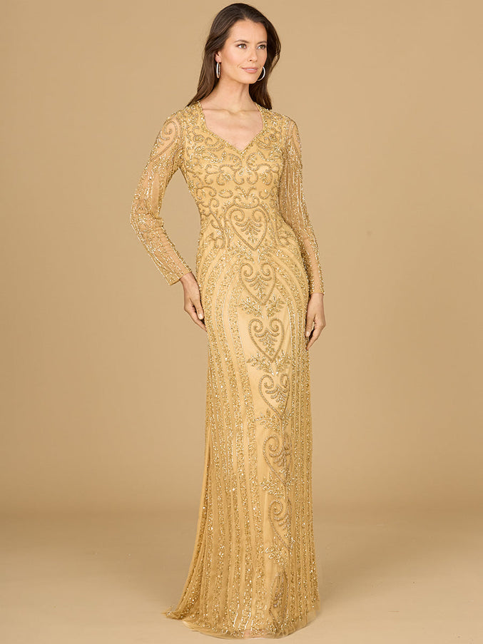 V Neck Beaded Long Sleeve Dress Gold