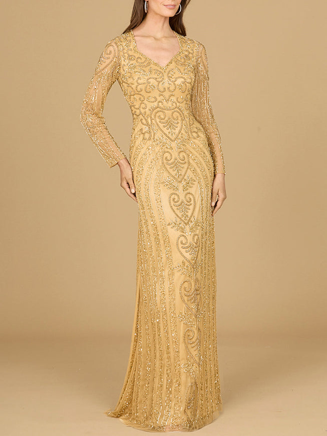 V Neck Beaded Long Sleeve Dress