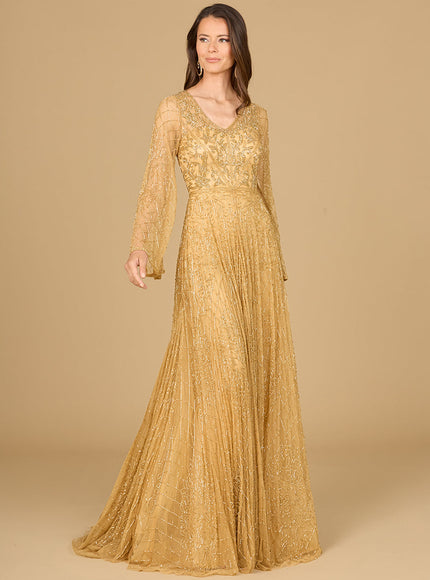 Beaded Long Dress with Flare Sleeves Gold