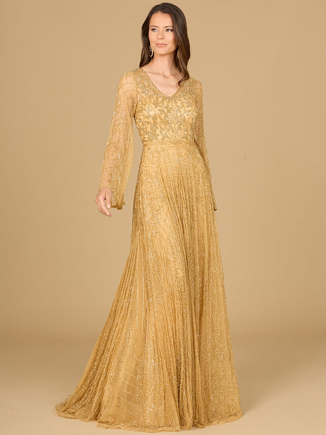 Beaded Long Dress with Flare Sleeves Gold