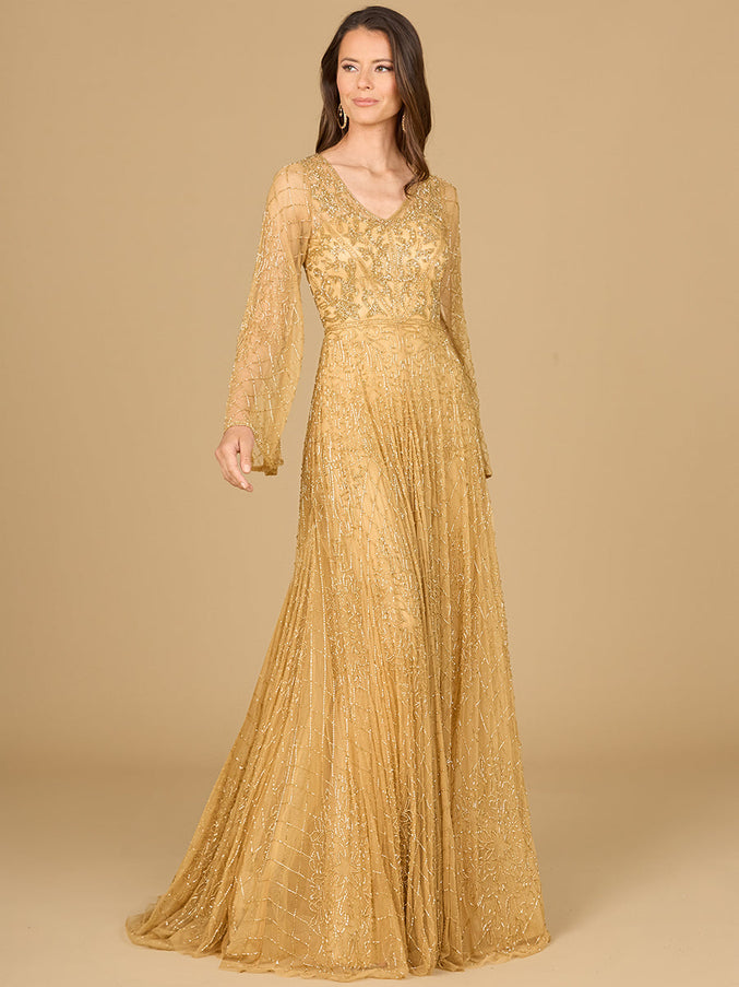 Beaded Long Dress with Flare Sleeves Gold