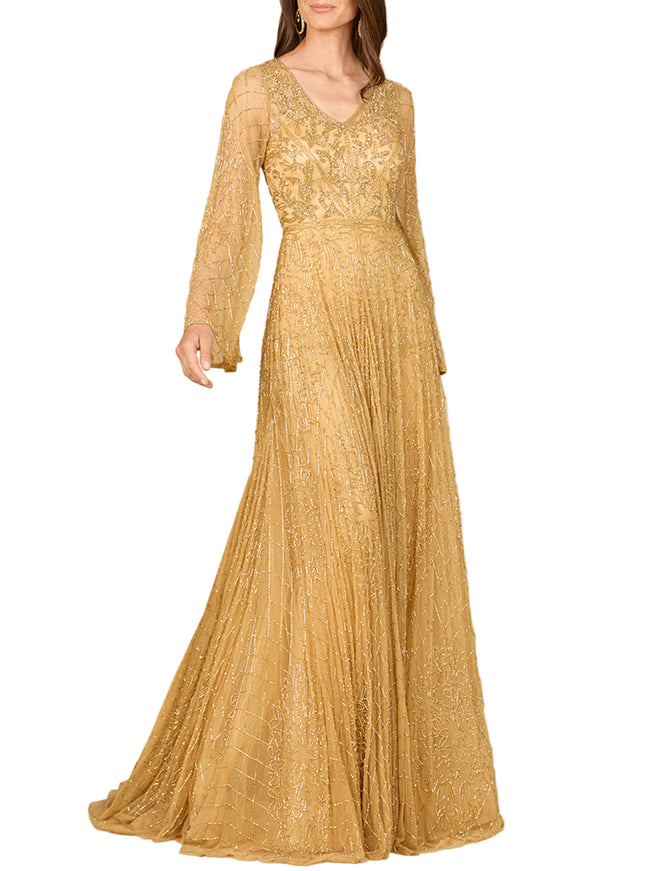 Beaded Long Dress with Flare Sleeves