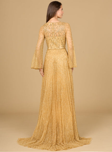 Beaded Long Dress with Flare Sleeves