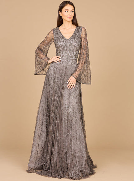 Beaded Long Dress with Flare Sleeves Grey