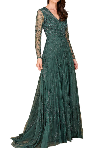 Lara A-line Green Beaded Dress with Sleeves Green