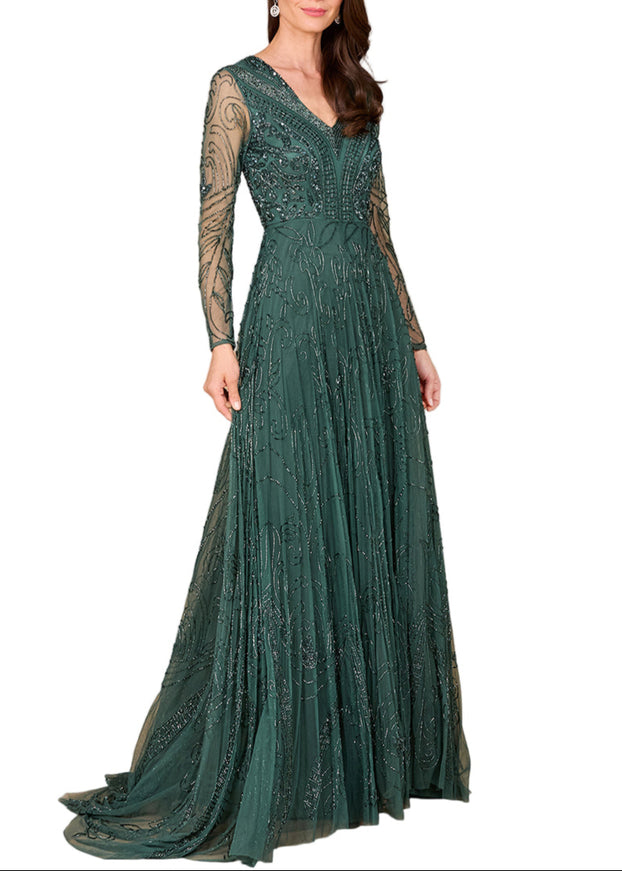 Lara A-line Green Beaded Dress with Sleeves Green