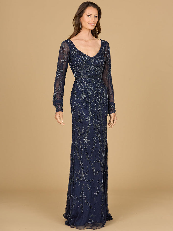 Lara New York 29120 V-Neck Beaded Gown with Sleeves Navy
