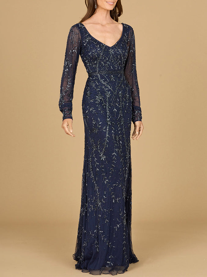 Lara New York 29120 V-Neck Beaded Gown with Sleeves