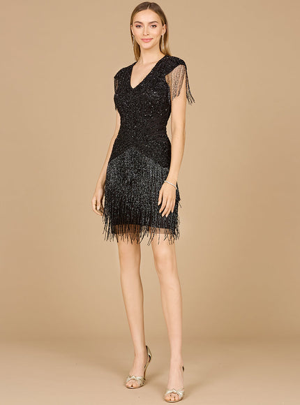 Beaded Fringe Short Dress with Cap Sleeves Black