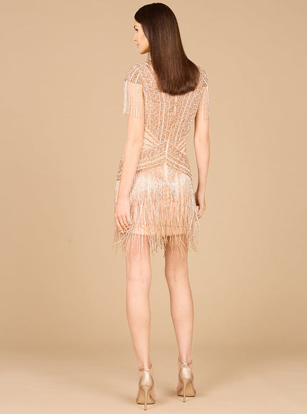 Beaded Fringe Short Dress with Cap Sleeves