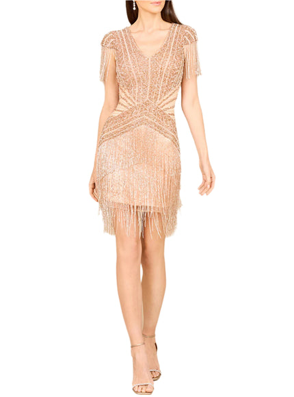 Beaded Fringe Short Dress with Cap Sleeves