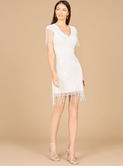 Beaded Fringe Short Dress with Cap Sleeves Ivory