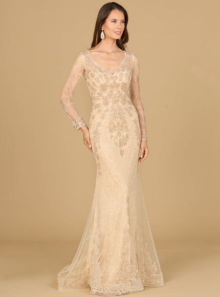Long Sleeve Lace Mermaid Gown Champagne