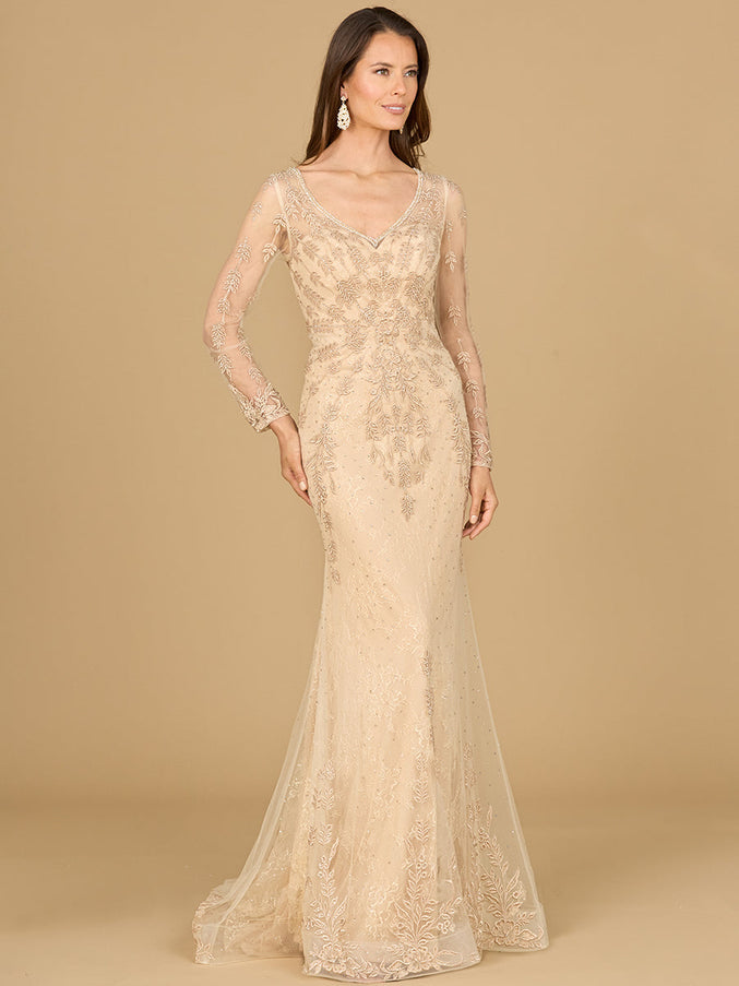 Lara New York 29128 Long Sleeve Lace Mermaid Gown Champagne