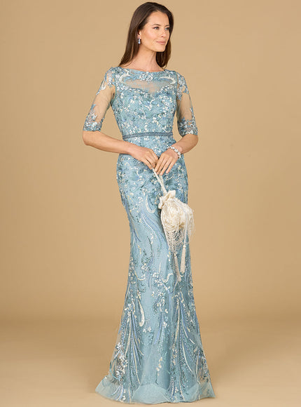 Short Sleeve Lace Fitted Gown Dusty Blue