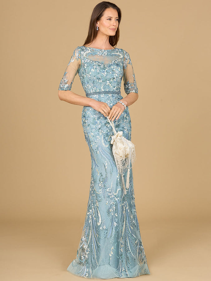 Lara New York 29129 Short Sleeve Lace Fitted Gown Dusty Blue