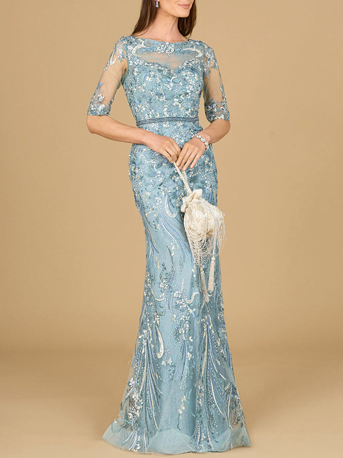 Lara New York 29129 Short Sleeve Lace Fitted Gown