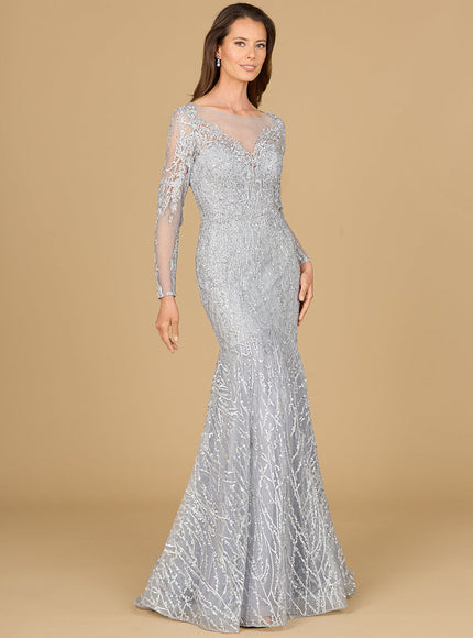 Mermaid, Long Sleeve Lace Gown Silver
