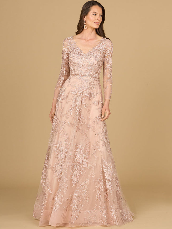Long Sleeve V-Neck Lace Gown Blush