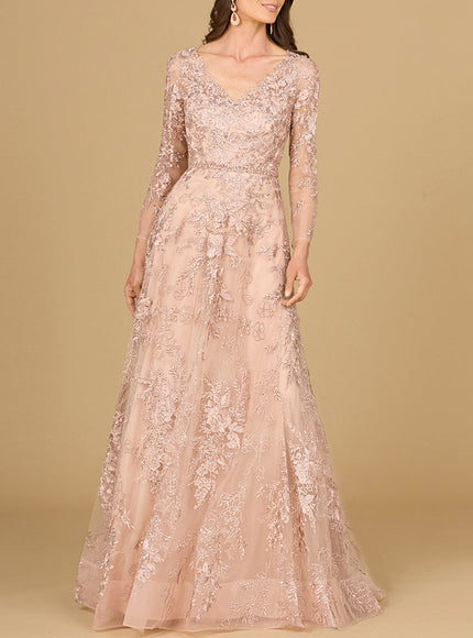 Long Sleeve V-Neck Lace Gown