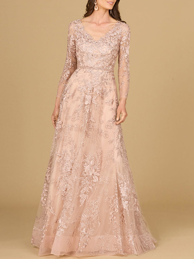 Lara New York 29132 Long Sleeve V-Neck Lace Gown