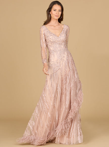 Lara New York Blush Long-Sleeve V-Neck Lace Gown Blush
