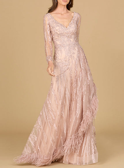 Lara New York Blush Long-Sleeve V-Neck Lace Gown