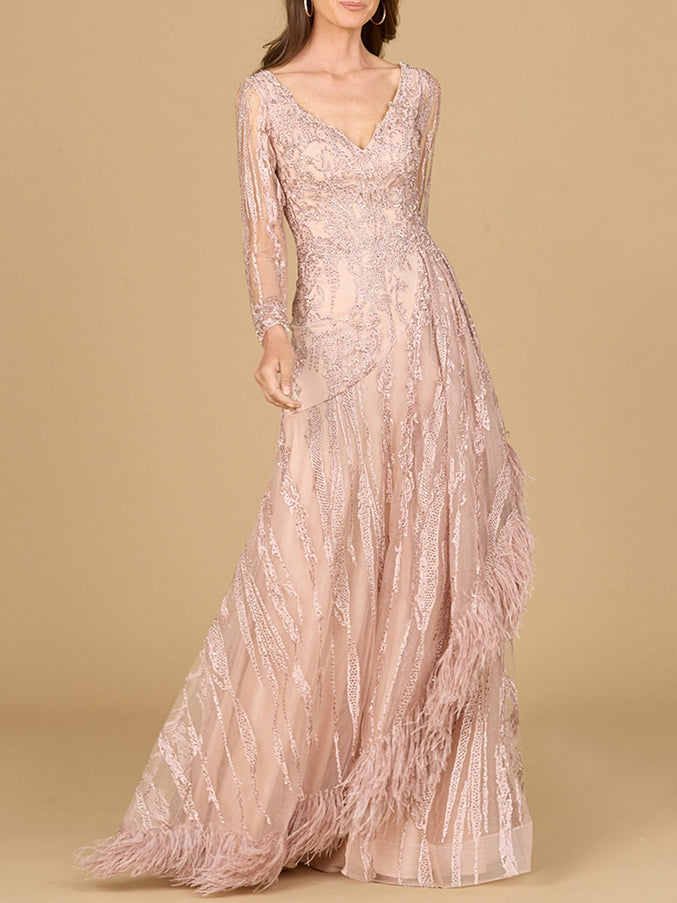 Lara New York Blush Long-Sleeve V-Neck Lace Gown