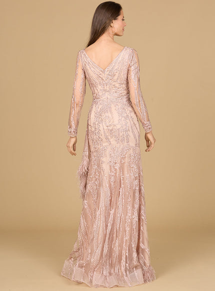 Lara New York Blush Long-Sleeve V-Neck Lace Gown