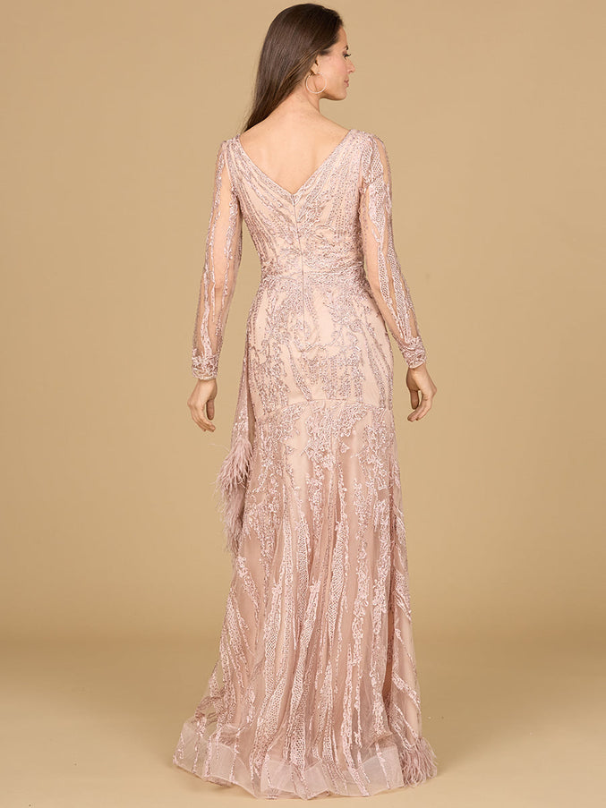 Lara New York Blush Long-Sleeve V-Neck Lace Gown