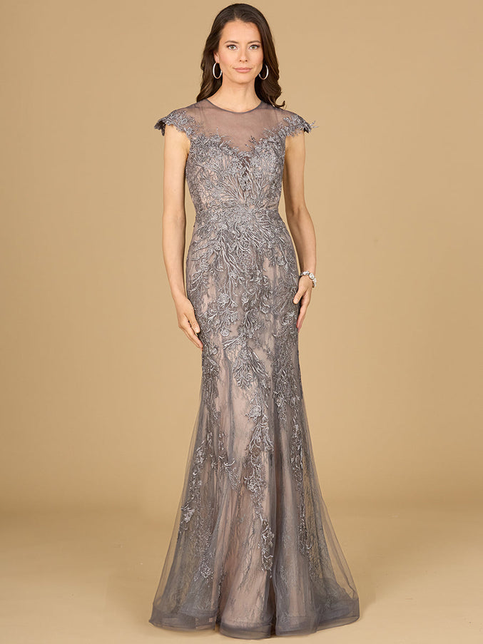 Lara New York 29134 Sheath Lace Gown with Cap Sleeves Charcoal
