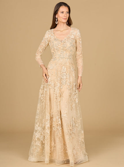 Lace Ballgown with Long Sleeves Champagne