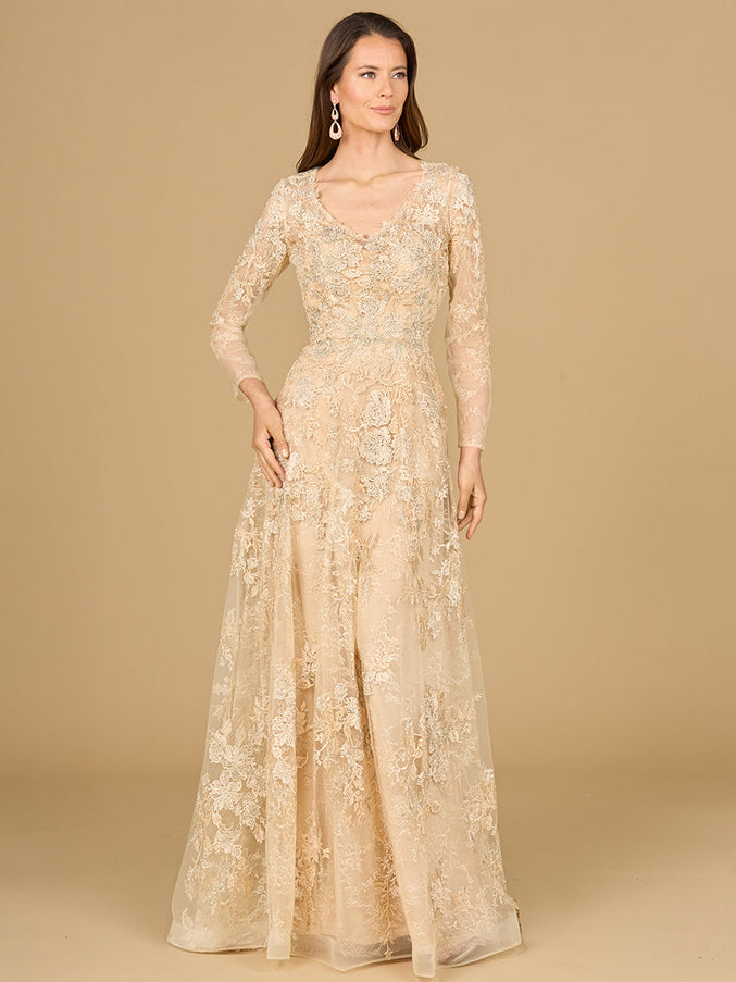 Lace Ballgown with Long Sleeves Champagne