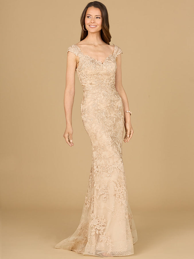 Lara Mermaid Lace Gown with Cap Sleeves Champagne