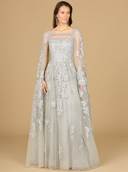 Lara Lace Embroidered Gown with Long Cape Sleeves Silver