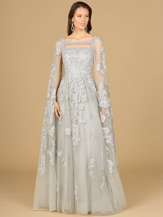 Lara Lace Embroidered Gown with Long Cape Sleeves Silver
