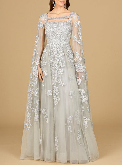 Lara Lace Embroidered Gown with Long Cape Sleeves