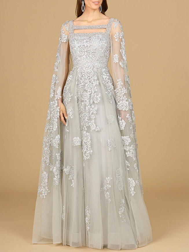 Lara Lace Embroidered Gown with Long Cape Sleeves