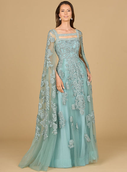 Lara Lace Embroidered Gown with Long Cape Sleeves Dark Sage