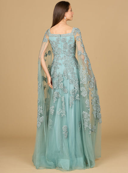 Lara Lace Embroidered Gown with Long Cape Sleeves