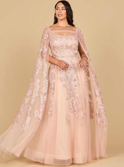 Lara Lace Embroidered Gown with Long Cape Sleeves Blush