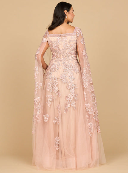 Lara Lace Embroidered Gown with Long Cape Sleeves