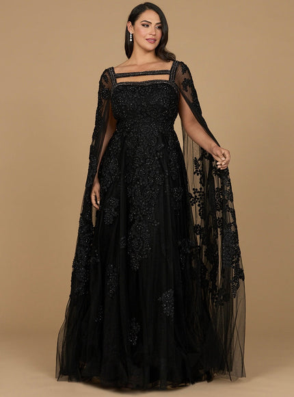 Lara Lace Embroidered Gown with Long Cape Sleeves Black