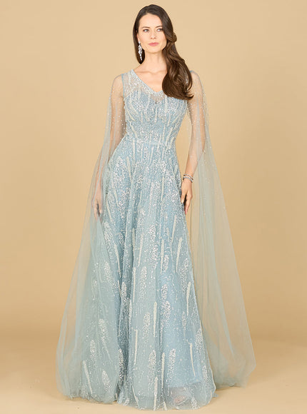 Lace Gown with Cape Sleeves and V-neckline Dusty Blue